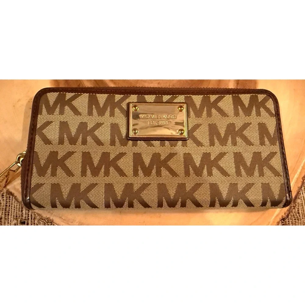 Michael Kors Jet‎ Set Wallet Continental Gold Logo Zip Around Beige Ebony Mocha